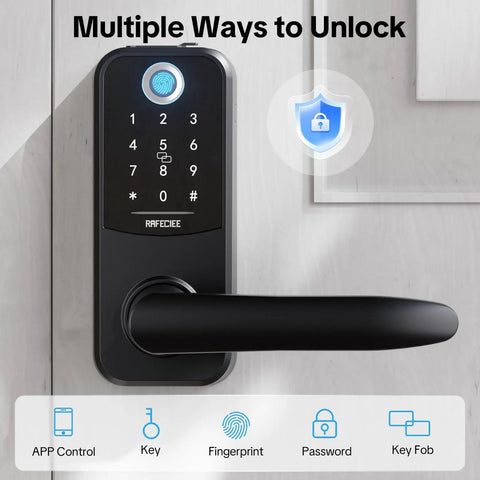 Keyless Entry Door Lock With Handle 5 In 1 Security System Includes Fingerprint Passcode App Control Fob And Emergency Key Easy Install For Exterior Front Door Electronic Deadbolt shown installed on door.