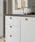 Antique Brass Cabinet Knobs 5 Pack For Kitchen Cabinets And Furniture Vintage Retro Drawer Knobs With Single Hole Mount installed on white cabinets