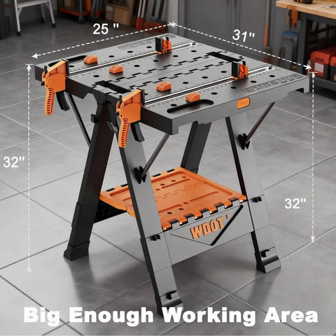 2-In-1 Folding Work Bench And Sawhorse For Quick Setup Portable Work Table With Laser Engraved Scale 31 Inches By 25 Inches By 32 Inches