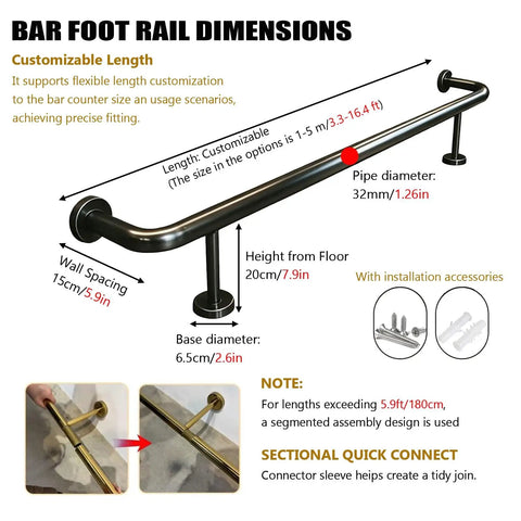 Heavy Duty Stainless Steel Bar Foot Rails And Kick Rack Brackets For Island Kitchens dimensions with customizable length and installation details.