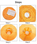 Assembly steps for orange paper lantern, showing setup with metal frame and instructions for hanging decor use.