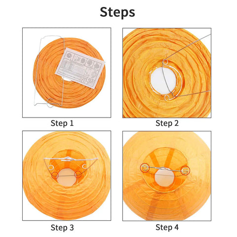 Assembly steps for orange paper lantern, showing setup with metal frame and instructions for hanging decor use.