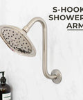 High Rise Shower Head Extension Arm With Flange 10.5 Inch Gooseneck S Shaped Design In Stainless Steel Half Inch Connection Brushed Nickel Finish Great For Tall Folks Or Low Pipe Installations And Immersive Rain Shower Experience shown in bathroom setting with mounted shower head.