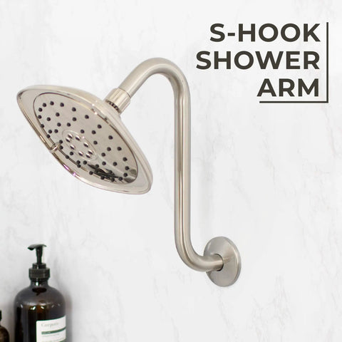 High Rise Shower Head Extension Arm With Flange 10.5 Inch Gooseneck S Shaped Design In Stainless Steel Half Inch Connection Brushed Nickel Finish Great For Tall Folks Or Low Pipe Installations And Immersive Rain Shower Experience shown in bathroom setting with mounted shower head.