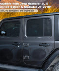 Side view of Jeep Wrangler JL Unlimited with US Flag Aluminum Alloy Rear Door Window Decal Kit, showing weatherproof design