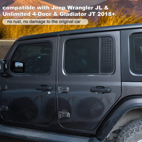 Side view of Jeep Wrangler JL Unlimited with US Flag Aluminum Alloy Rear Door Window Decal Kit, showing weatherproof design