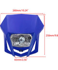 Front view of blue Dirt Bike Beefy Halogen Headlight Front Headlamp Kit for Enduro and Supermoto Rides, dimensions labeled.
