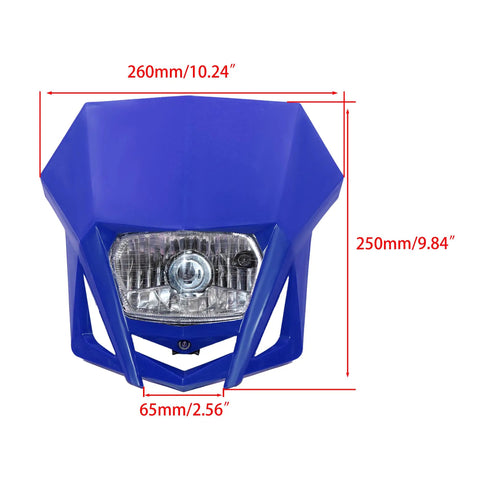 Front view of blue Dirt Bike Beefy Halogen Headlight Front Headlamp Kit for Enduro and Supermoto Rides, dimensions labeled.