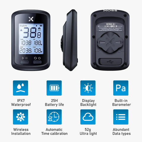 GPS Bike Computer With Mount, Wireless Bluetooth Speedometer, ANT Plus Odometer, IPX7 Waterproof, front and back view, feature icons