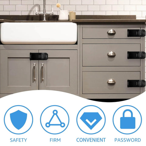 Keyless 3 Digit Combination Lock With Rotary Hasp for cabinets, showing locks installed on kitchen drawers and cabinet door, durable zinc alloy.