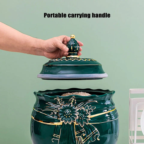 Durable Ceramic Rice Jar And Large Tea Storage Container With Massive Capacity For Keeping Coffee Beans Grain Flour And Cereal Fresh While Dropping Clean Looks On Your Counter, lifting lid with handle