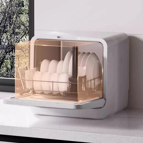 Skip The Sink Blues With This Plug And Play Countertop Dishwasher Featuring Heavy Duty High Temp Cycle Triple Wash Filters And Zero Hassle Install For Crisp Clean Loads Every Single Time on a kitchen countertop.
