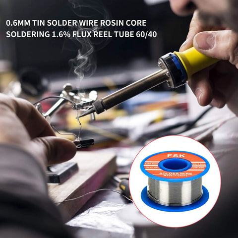 Person using a 60W Soldering Iron Kit with Ceramic Heater for electronics DIY and hobby projects, with a tin solder wire shown.