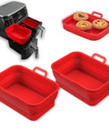 Collapsible 2 Pack Silicone Liners For 8Qt And 10Qt Ninja Foodi Dual Air Fryer, two red rectangular basket liners next to fryer.