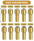 Brass Three Jaw Drill Chuck Set For Rotary Tools With 0.5mm To 3.2mm Collets size chart showing various collet diameters