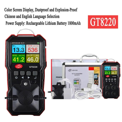 Portable 4 In 1 Gas Detector For O2 H2S CO And Combustible Gas Content With Easy Readouts, featuring display and accessories.