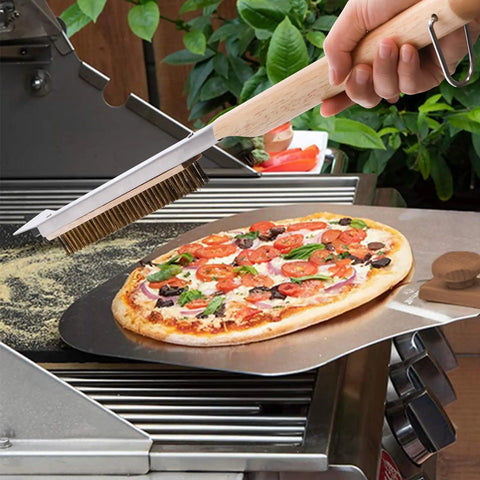 21 Inch Pizza Oven Brush With Scraper Copper Wire Cleaning Brush With Brass Bristles in use on a BBQ grill with pizza