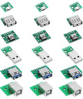 DIY Friendly USB To DIP Breakout Adapter Kit 18 Pcs with various USB connectors on green PCB modules, top view