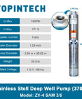 Stainless Steel Deep Well Submersible Pump 0.5HP 110V 18GPM 171ft Head spec sheet and product image