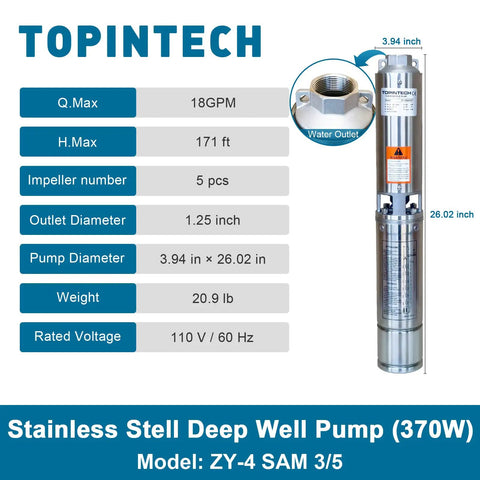 Stainless Steel Deep Well Submersible Pump 0.5HP 110V 18GPM 171ft Head spec sheet and product image