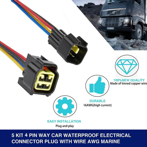 4 Pin Waterproof Car Wiring Connector Kit With 10Cm 16AWG Copper Wire Quick Disconnect Male Female For Cars Trucks