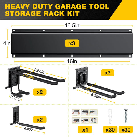 Wall Mount Garage Tool Organizer With 48 Inch Rails And 7 Adjustable Beefy Heavy Duty Hooks shown with components