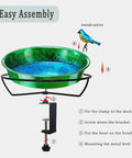 Heavy Duty Deck Mounted Bird Bath And Feeder For Patio Rails 11.5 Inch with detachable metal bird and easy assembly instructions.