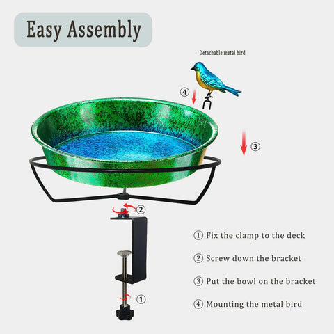 Heavy Duty Deck Mounted Bird Bath And Feeder For Patio Rails 11.5 Inch with detachable metal bird and easy assembly instructions.