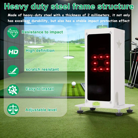 Durable Metal Protective Case For Square Golf Launch Monitor With Leveling Stand, clear acrylic screen, indoor simulator setup.