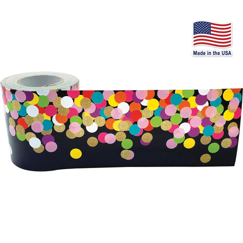 Colorful Confetti On Black Border Trim Roll 50 Foot To Liven Up Classroom Decor That Pops with USA flag shown
