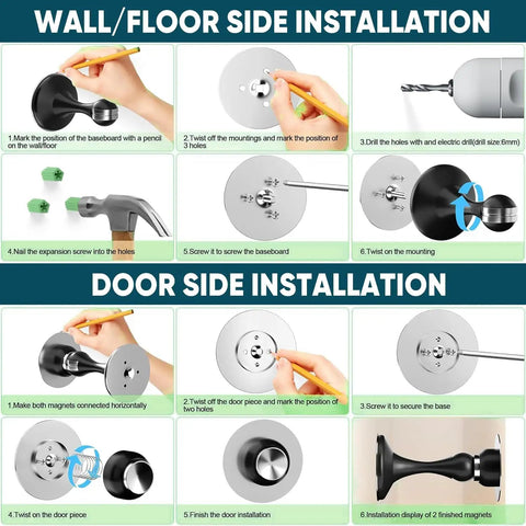 Installation guide for Magnetic Door Stopper Heavy Duty Door Holder With No Drill Wall Or Floor Mount 3M Adhesive And Screws Stainless Steel Black