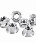 Top Shelf Hex Serrated Flange Lock Nuts 6 Pack M10 X 1.25mm Fine Pitch Metric Fasteners, 304 stainless steel, detailed view.