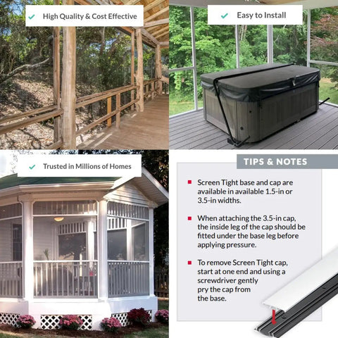 No Sweat Porch Screening System Featuring Durable Vinyl Cap And Base Rails Sold As A 20 Pack Of 1.5 By 96 Inch Continuous Rolls For Quick Cutting And Breezy Patio Setups, displaying installations and tips for use.