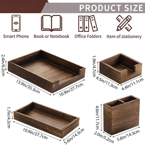 Wood Desk Organizer Kit 4 Pack with dimensions showing document tray, mail sorter, pen cup, and sticky note holder in brown wood.