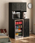 All In One Mini Fridge Cabinet With Storage And Coffee Bar Station, Outlets And Microwave Shelf, Wine And Beverage Stand For Kitchen Dorm Or Office, Black, Ultra Practical And User Friendly, showing organized appliances and drinks in a room setting.
