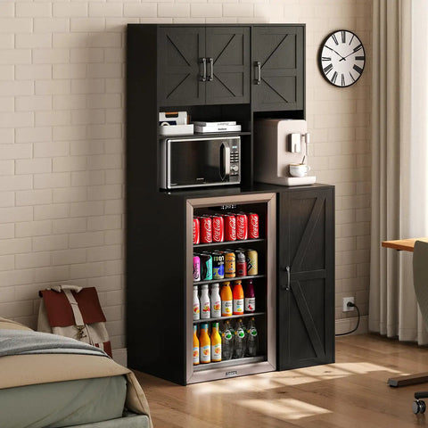 All In One Mini Fridge Cabinet With Storage And Coffee Bar Station, Outlets And Microwave Shelf, Wine And Beverage Stand For Kitchen Dorm Or Office, Black, Ultra Practical And User Friendly, showing organized appliances and drinks in a room setting.