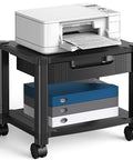Printer Stand With Space Saving Cable Management And Storage Drawer, Rolling Printer Cart With Locking Wheels, Two-Tier Under Desk Printer Table, 17.2 x 13.2 Inch Top, 14.1 Inch Max Height, Ideal For Home Office with printer on top
