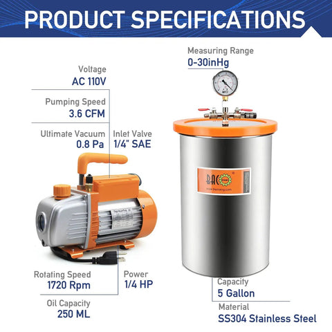 Product specifications for Knockout Suction Smooth As Butter 5 Gallon Vacuum Chamber with pump, stainless steel construction.