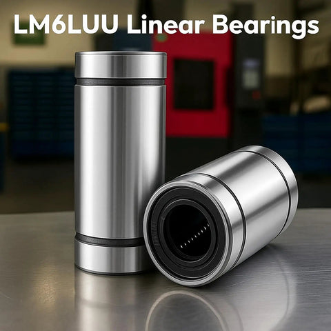 Rig Ready 4 Pack LM6LUU Linear Ball Bearings With 6mm Bore Nickel Finished design close-up on stainless surface.