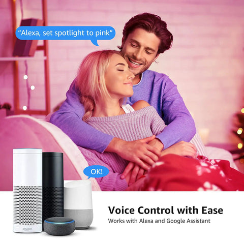Couple enjoying ambient lighting with smart speakers, GU10 Smart RGB LED Bulbs Pack of 4 No Hub Required Dimmable Via App Works