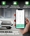 Beefy 50 Amp Level 2 EV Wall Charger Station app interface showing charge, usage, and schedule settings on a smartphone screen.