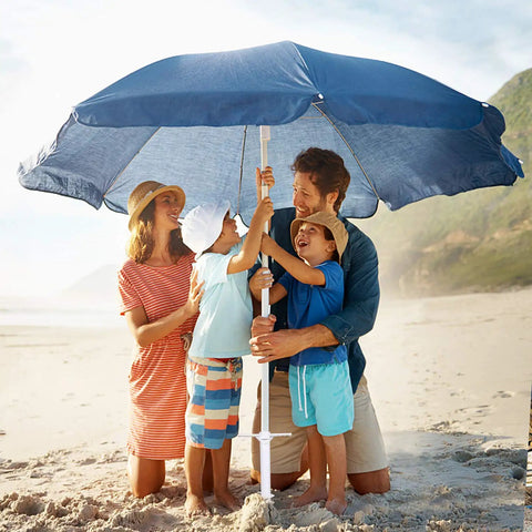 Family using Beach Umbrella Sand Anchor Heavy Duty Outdoor Stand Base With Five Spiral Screws And 2 Pack Umbrella Hooks