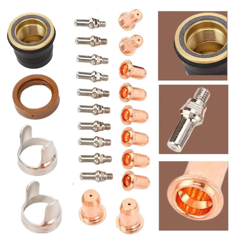 24Pcs Plasma Cutter Consumables Kit with brass electrodes, IPT40 tips, and torch pieces, compatible with YESWELDER CUT 55DS Pro and 65DS