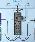 Power Strip With 20W USB C PD Fast Charge, 10 AC Outlets And 4 USB Ports, shown with devices connected, 6ft cord