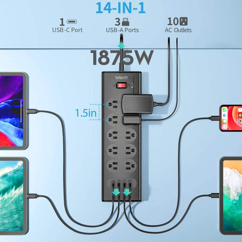 Power Strip With 20W USB C PD Fast Charge, 10 AC Outlets And 4 USB Ports, shown with devices connected, 6ft cord