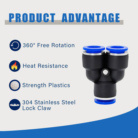 Dual connector with 360° rotation, heat resistance, strength plastics, and 304 stainless steel lock claw, part of 50 Piece Push To Connect Fittings Kit For Six Millimeter Or One Quarter Inch Air Hose Quick Connectors With Y Tee Elbow Straight Cross Fittings Plus Tube Cutter Ideal For DIYers And Pros In The Workshop.