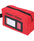 Lockout Tagout Kit Bag For Loto Devices, Heavy Duty Polyester Organizer with visible display, red, black zipper, side view