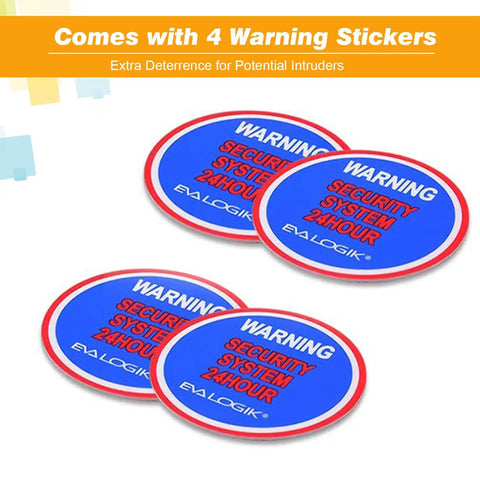 Window Alarm System 4 Pack Ultra Loud 120dB Alarms With Advanced Vibration Sensors For Glass Break Detection Ideal For Home Office Garage RV Dorm And Sliding Or Traditional Windows Includes Low Battery LED Indicator warning stickers on round security decals