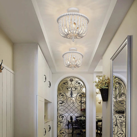 White Wood Bead Boho Chandelier Three Light Semi Flush Mount Ceiling Light For Nursery And Kids Rooms in hallway