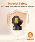 Compact 600W Desk Heater With Ceramic Core in front of shield, fast heat for office or bedroom, highlighting safety features